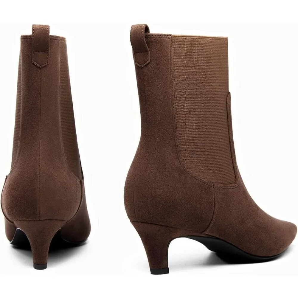 Women's Chocolate Ankle Low Kitten Heel Pointed Toe Slip On Dressy Winter Boots